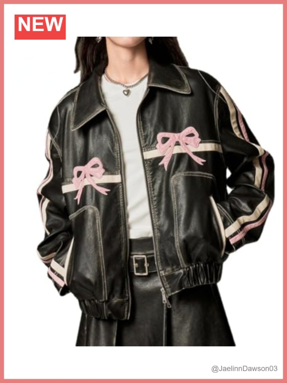 Faux Leather Bomber Jacket Women Y2K Bow Vintage PU Leather Jacket